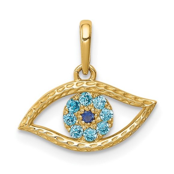 14k Yellow Gold Mini Evil Eye Necklace Charm Pendant, with blue CZ Stones - Picture 1 of 3
